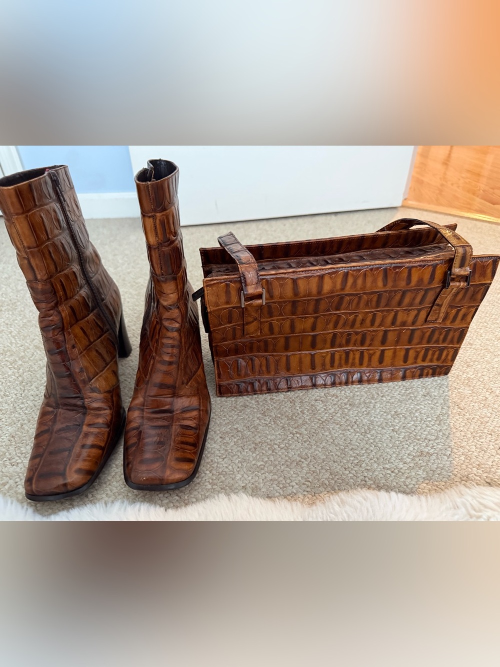 Vintage Brown Croc-Embossed Leather Women's Boots